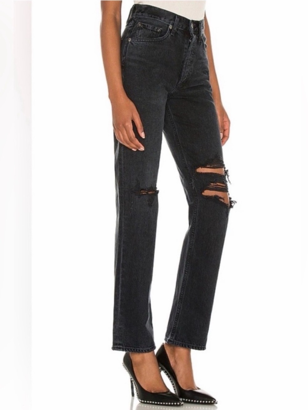 Agolde Black Distressed Straight-Leg Jeans